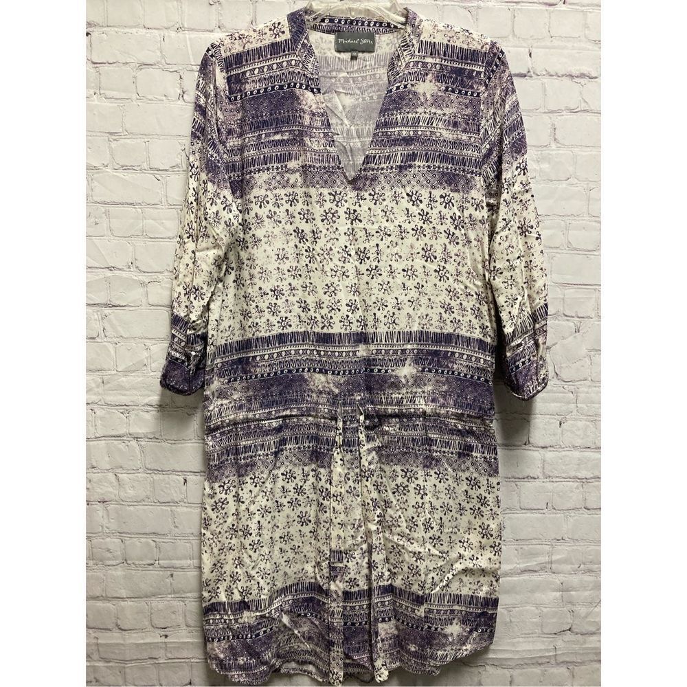 Michael Stars Womens Purple Aztec Dress 3/4 Sleeves V Neck Tie Waist Casual M
